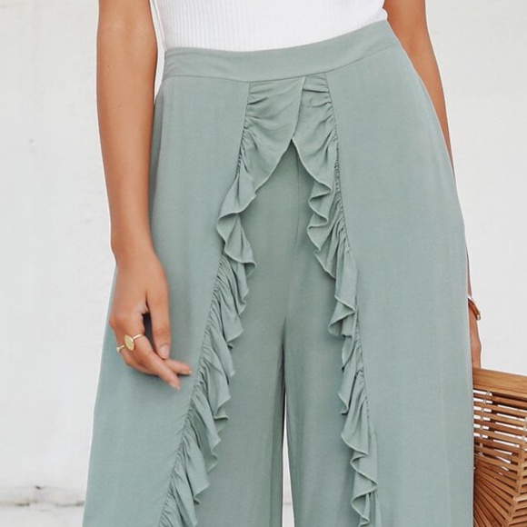 Boho sage ruffle detail slit palazzo pants Lounge - Picture 3 of 8